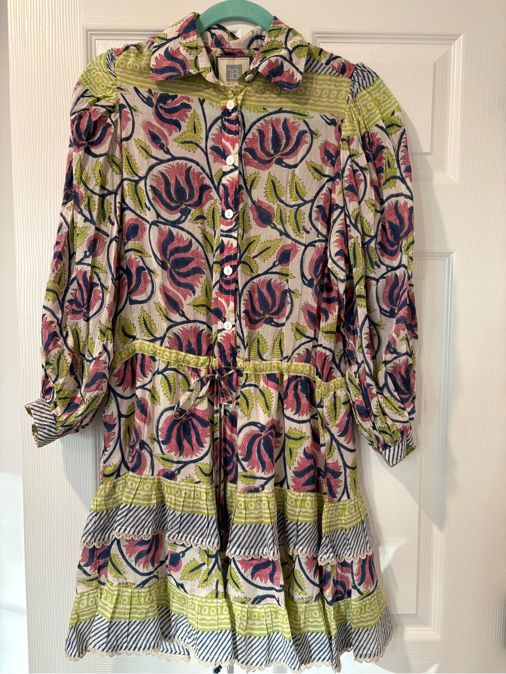 Bell by Alicia Bell blockprint button short dress. Pink, navy and lime green. XS